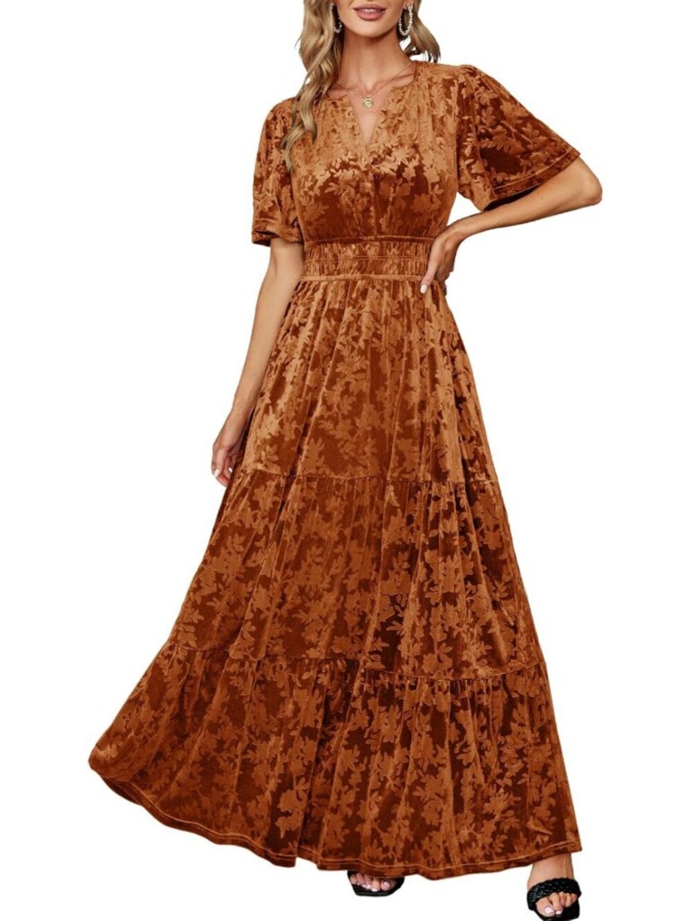 Elegant Women's V-Neck Maxi Dress - Short Sleeve Formal Wedding Guest Outfit for